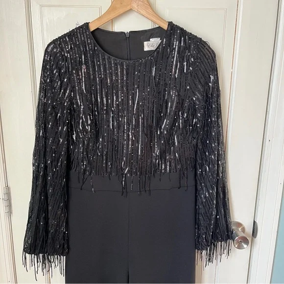 Eliza J Sequin Fringe Long Sleeve Jumpsuit Black 8 Evening Black Tie - Picture 5 of 14